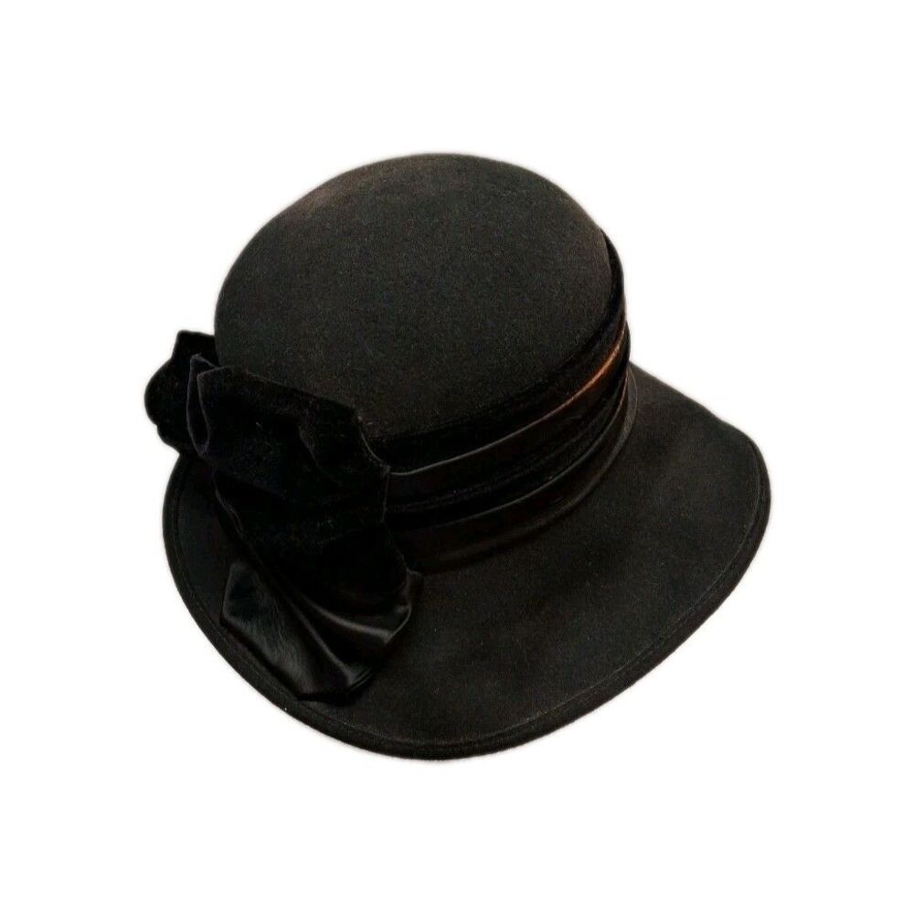VTG Betmar Plaza Suite Black Wool Wide Brim Picture Hat Velvet Band Bow Netting